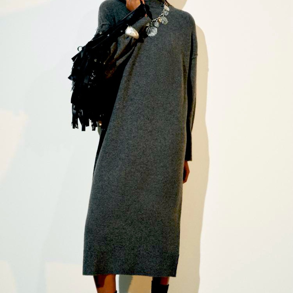 ZARA Mock Neck Butte Knit Sweater Dress-Fits Sz 8-10/ Dark Grey RARE FIND! READ!